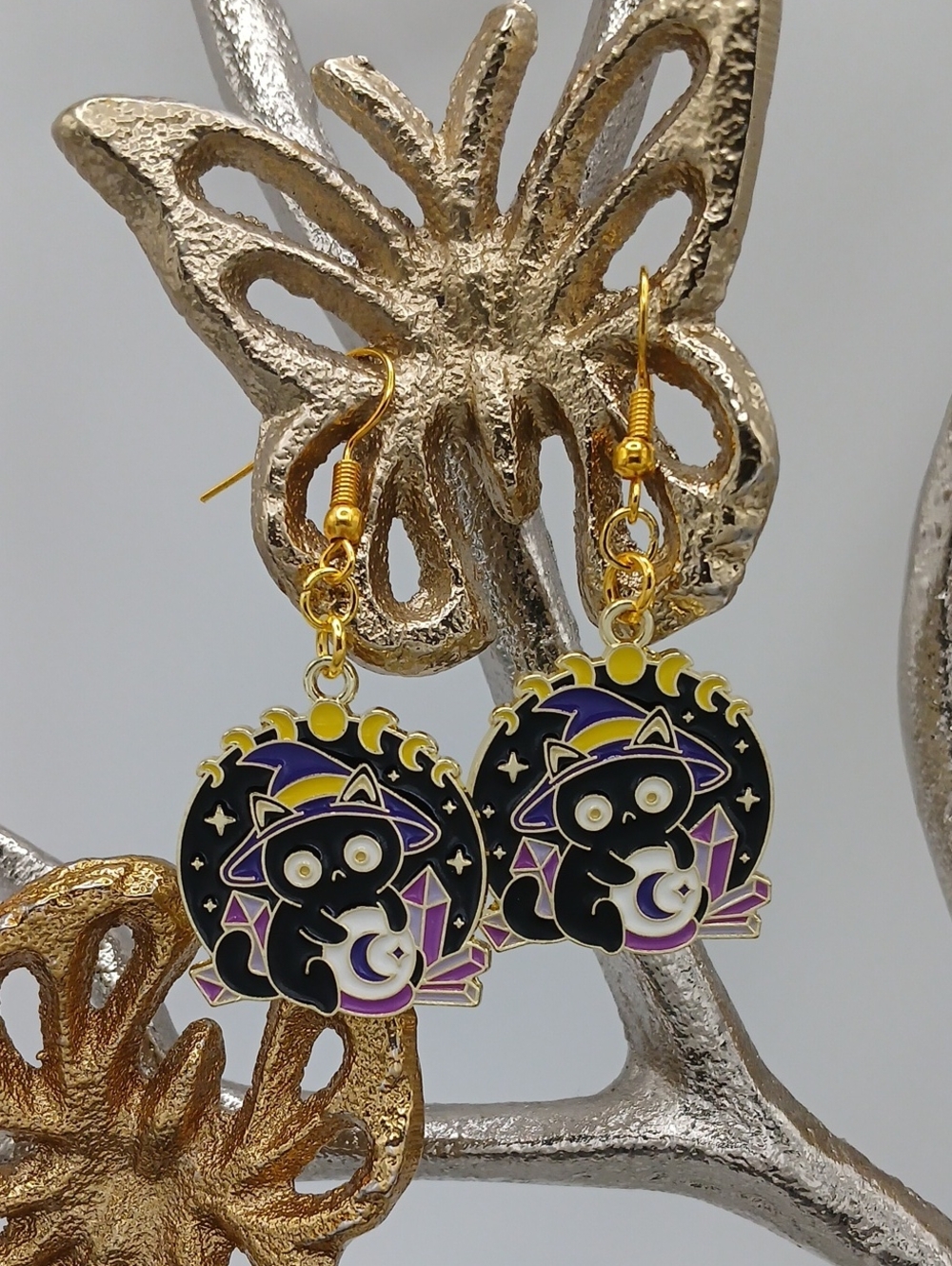 Gold Black & Purple Witch Cat Drop Earrings
